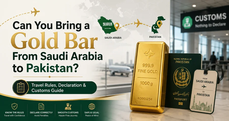 Gold bar and passport for travel from Saudi Arabia to Pakistan