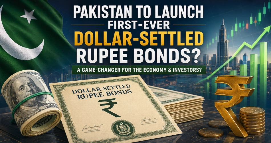 Pakistan dollar-settled rupee bonds with rupee and dollar symbols, government bonds and Karachi financial skyline.