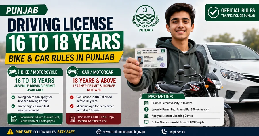 Punjab driving license rules for 16 to 18 year bike and car permit