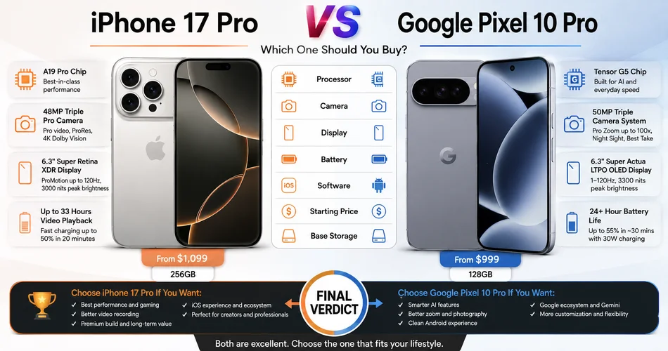 iPhone 17 Pro vs Google Pixel 10 Pro comparison infographic showing features, camera, battery, display, price and final verdict